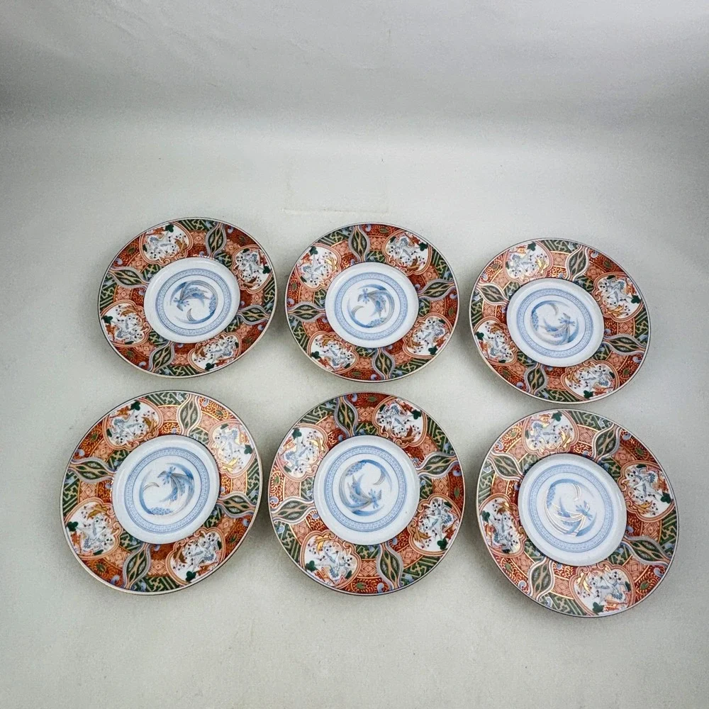 Andrea by Sadek Stork & Blossom Cup and Saucer Set of 6 Imari Japanese Porcelain